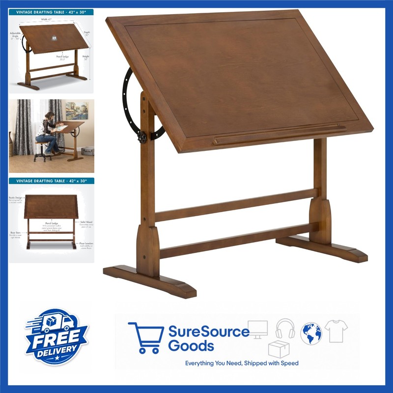Antique Design Drafting Table with Pencil Groove Adjustable Angle Rustic Oak