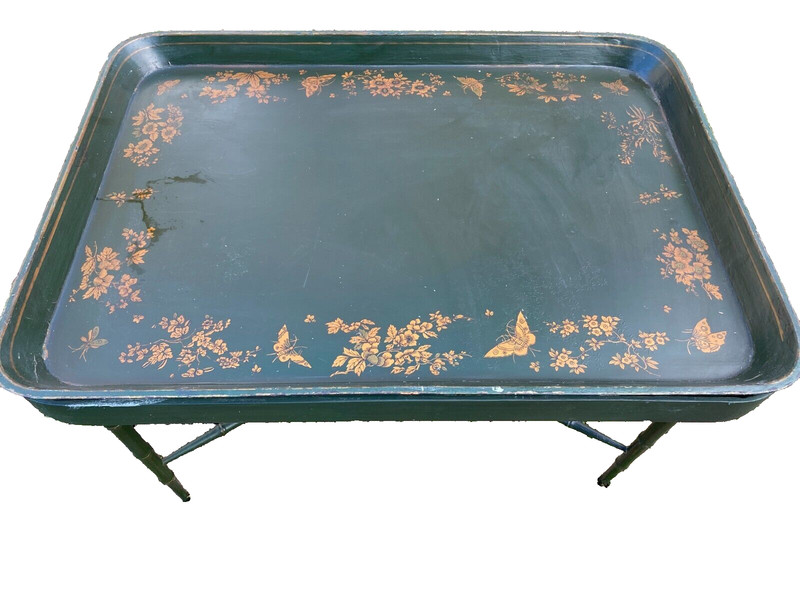 Antique wood Tray table with bamboo legs On Stand Or Cocktail Table.