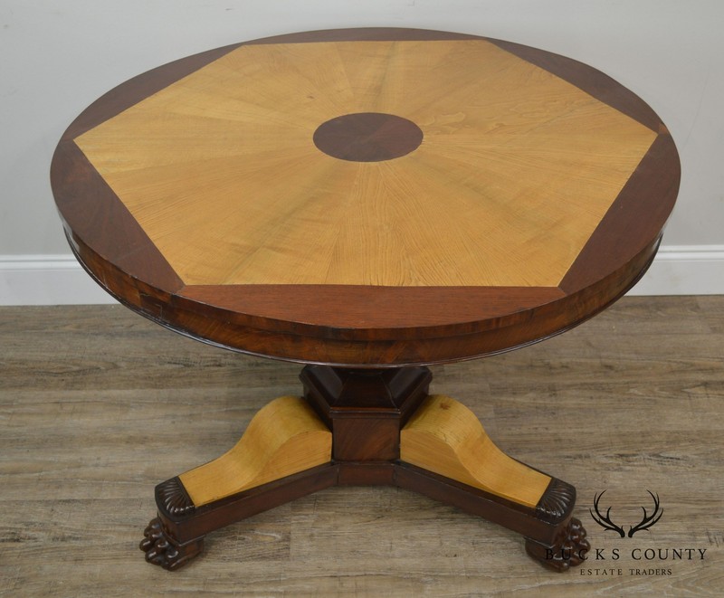 French Charles X Antique Mahogany & Elm Wood 2 Tone Round Center Table gallery