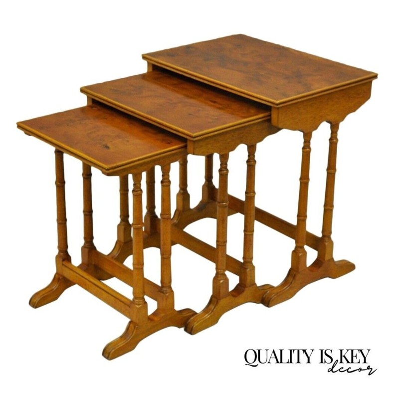Vintage English Georgian Style Faux Bamboo Yew Wood Nesting Side Tables – Set 3