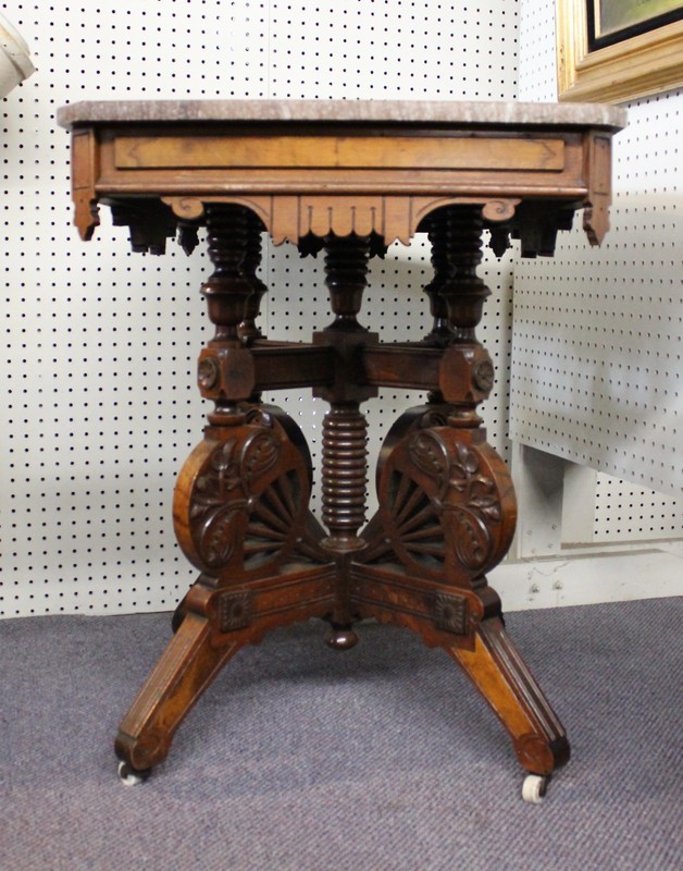 Eastlake Marble Top Table Walnut + Burl. Geometric + Foliate + Fan Carvings 1887 gallery