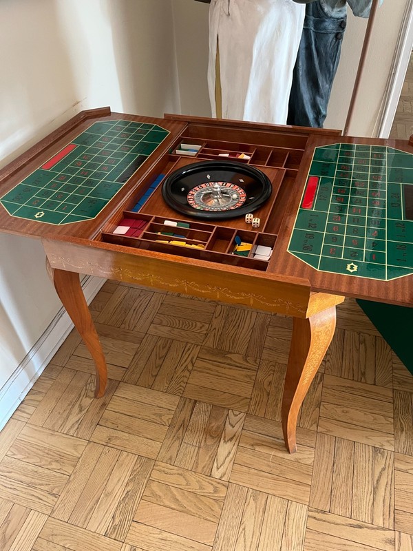 Italian Inlaid Wood Multi Game Table With 5 Roulette, Checkers,Chess, Backgammon