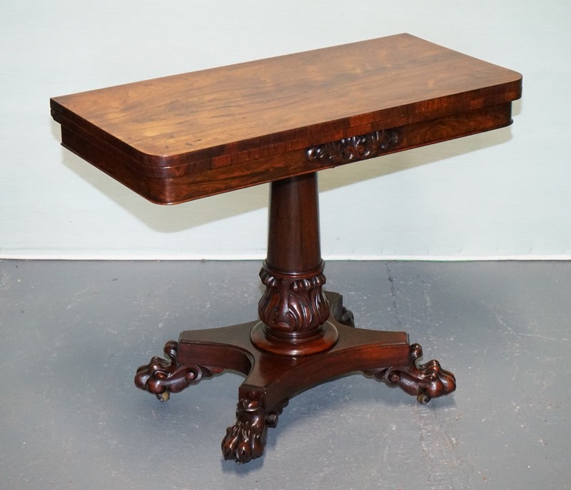 ANTIQUE 1830s WILLIAM IV FOLDING PEDESTAL CARD GAME TABLE CARVED PAW BASE gallery