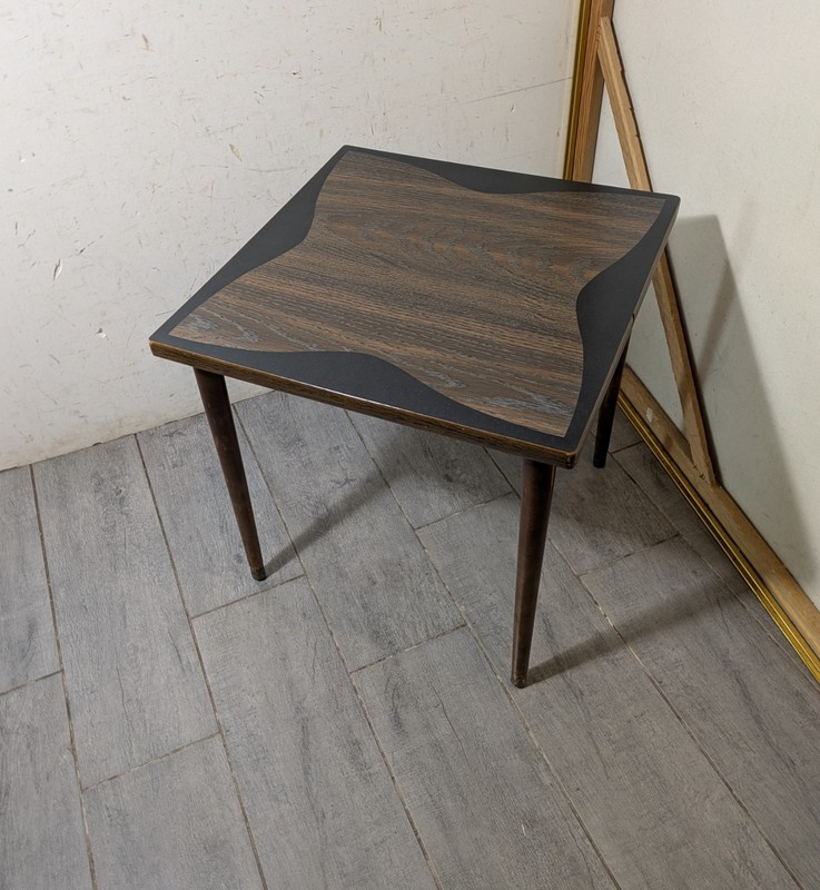 Vintage Mid Century Modern Formica Table Bowtie Top Tapered Legs Walnut D53 gallery