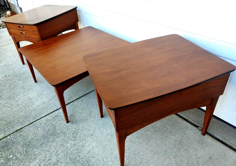 COOL SET (3) MID CENTURY MODERN WALNUT?, TEAK? COFFEE & 2 SIDE TABLES, BASSETT? gallery