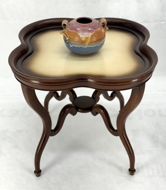 Pair Mahogany Clover Shape Light Cream Leather Top Lamp End Tables Stands MINT! gallery