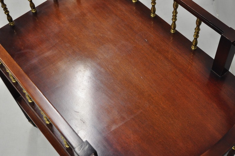 Vintage French Regency Mahogany 2 Tier Brass Gallery Rolling Bar Cart Server gallery