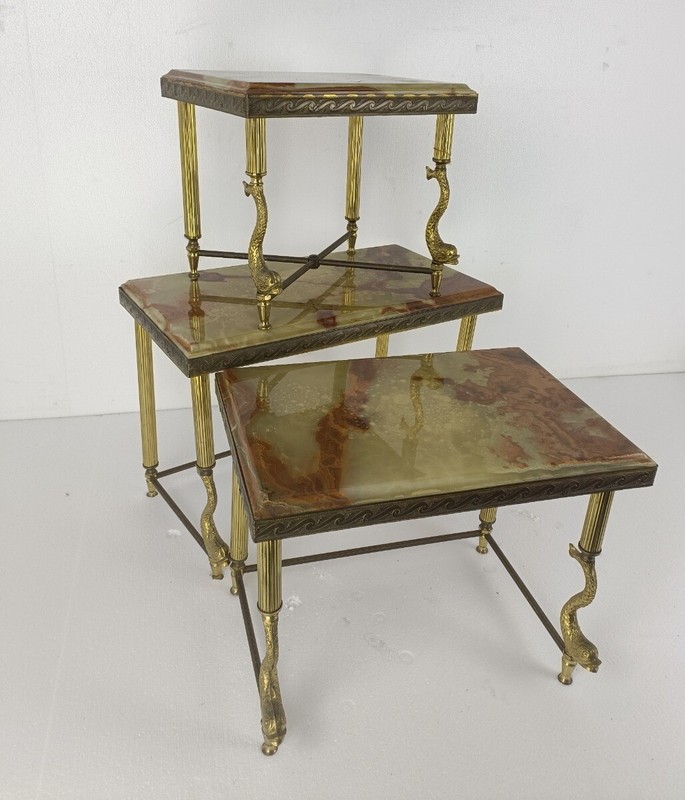 set of 3 nesting stacking tables Hollywood regency Ornate brass Fish Marble tops gallery