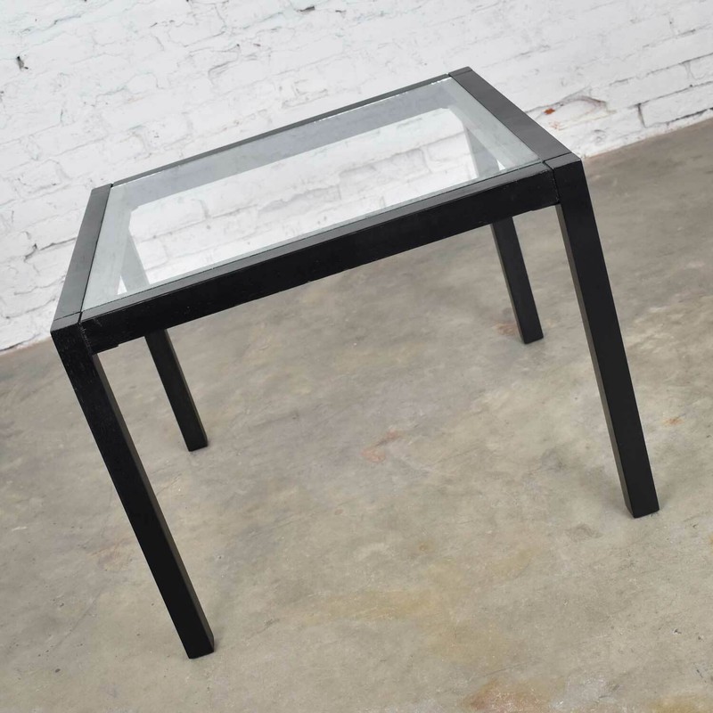 Vintage Blackened Oak Square Parsons Style Side Table with Glass Top gallery