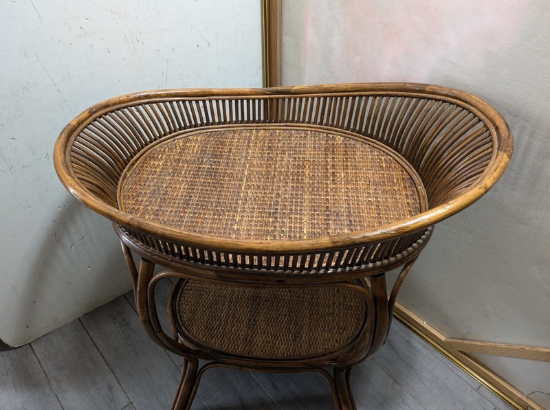 Vintage Asian Hollywood Regency Bamboo Wicker Rattan 2-Tier Bar Tea Tray Table gallery