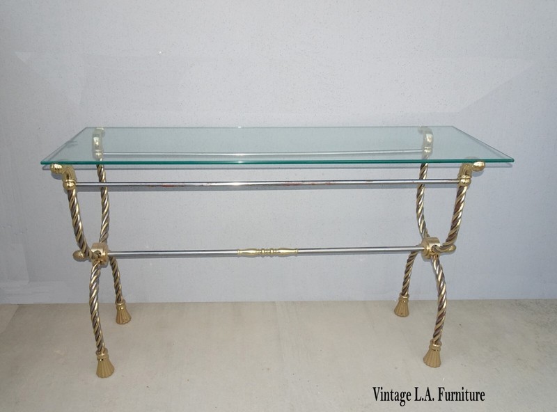 Vintage Brass Chrome Tasseled Twist Rope Sofa Side Table – Hollywood Regency