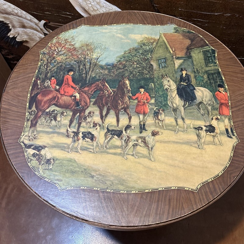 Vintage Walnut Folding Table by Bridge Tables&Novelties,Lowell Mass w/Hunt Scene gallery