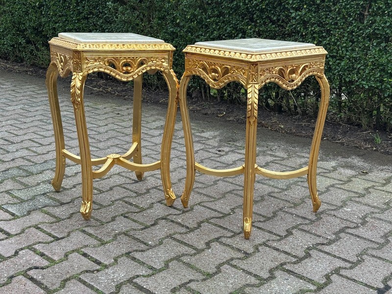 Side Tables French Louis XVI Gold Beech Italian Marble 1970 Accent Pair 2 Pcs