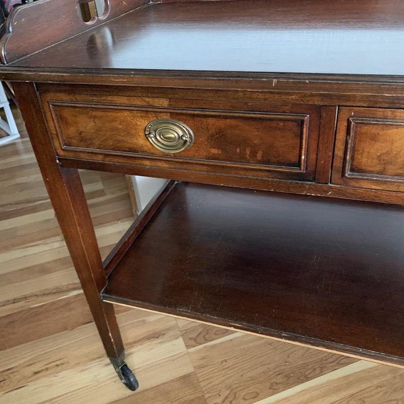VTG 1930 Grand Rapids Hand Carved Solid Mahogany Wood 38" Serving Table on Wheel gallery