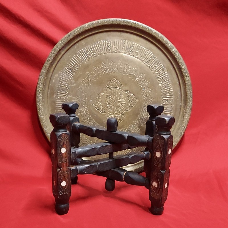 Vintage Middle Eastern Brass Tray Table w/ Mother of Pearl Inlaid Folding Stand gallery