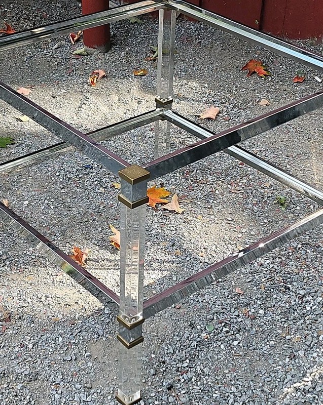 Oversized Pierre Vandel? 1970s Vintage MCM Chrome Lucite Brass Glass End Table gallery