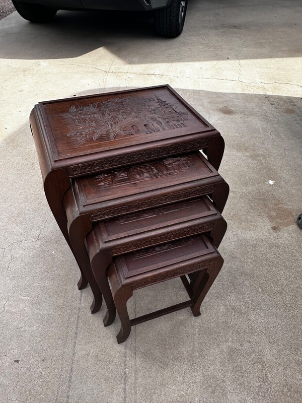 Antique Chinese Nesting Tables. Set Of Three, With Bird And Floral Engravings