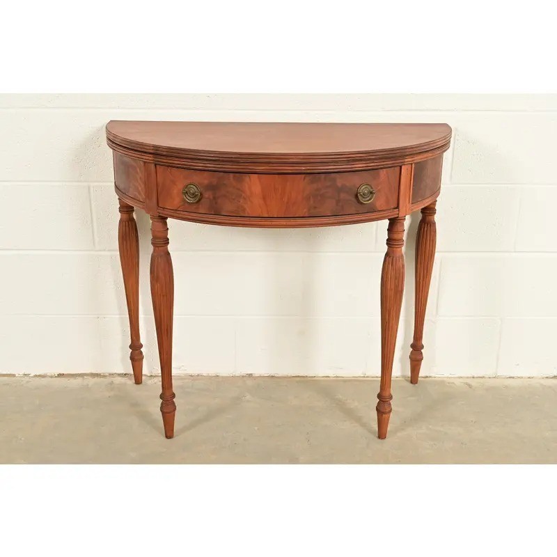 Baker Furniture Style Federal Mahogany Flip Top Demilune Console, Circa 1920s