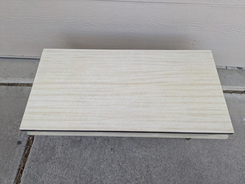 Vintage Mid Century Modern Atomic Formica Coffee Table Wood Brass Tapered Legs gallery