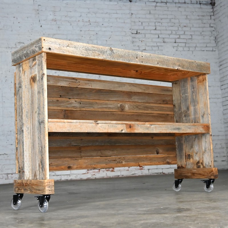 Rustic Distressed Wood Ceramic Top Bookshelf Console Table or Rolling Bar gallery