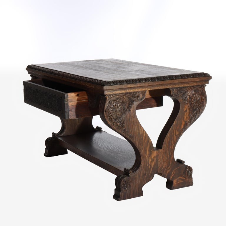 Antique Arts & Crafts Carved Oak Trestle Library Table C1910 gallery