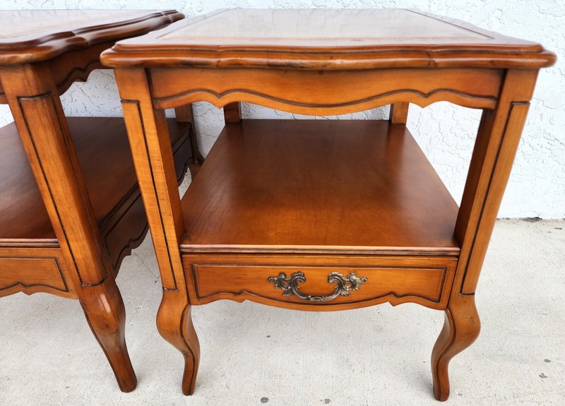 Vintage French Side Tables Walnut Leather Top by HAMMARY gallery