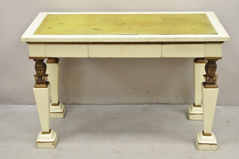 Antique Egyptian Revival Style Green Leather Top Figural 3 Drawer Console Table gallery