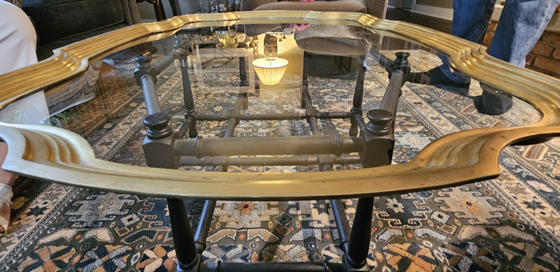 VTG MCM BAKER FAUX BAMBOO GLASS TOP COFFEE TABLE w SCALLOPED BRASS gallery