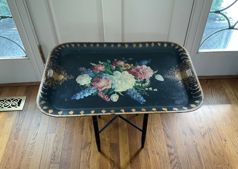 Vtg Hand Painted Black Tole Tray Top Coffee Table Flowers Floral 20″ x 28″