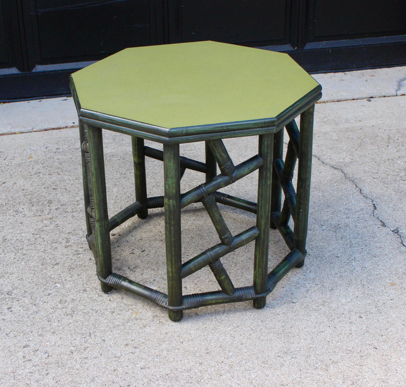 Vintage Mid Century Bamboo Chinoiserie Fretwork Side Table Hollywood Regency