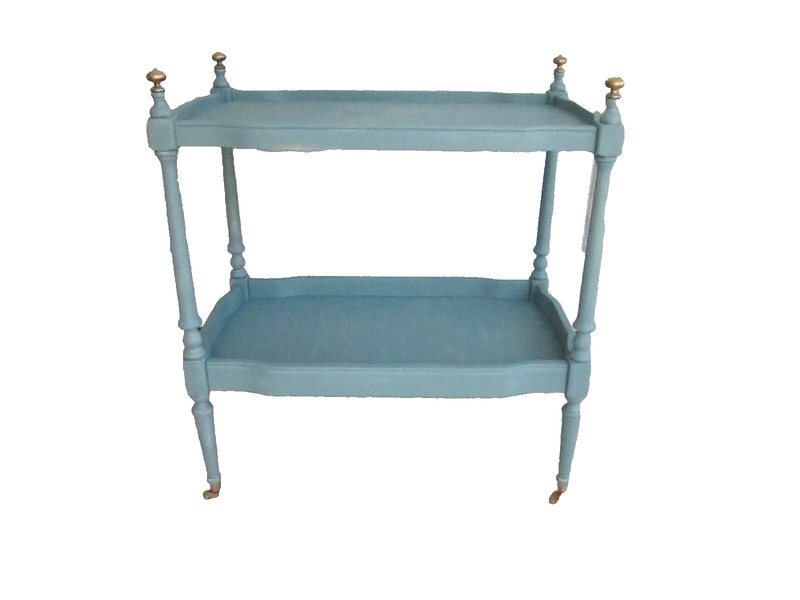 Vintage Wood Blue Two-Shelf Serving Cart Side Table on gold Casters from 1950s
