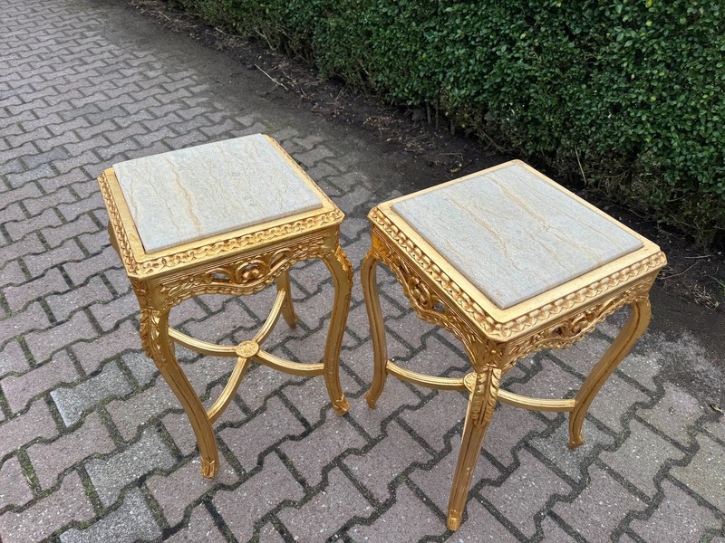 Side Tables French Louis XVI Gold Beech Italian Marble 1970 Accent Pair 2 Pcs gallery