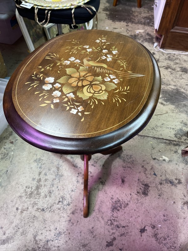 Vintage Oval Flip Top Table Stencil Bird Floral Pattern 24” Tall 15×20” Top