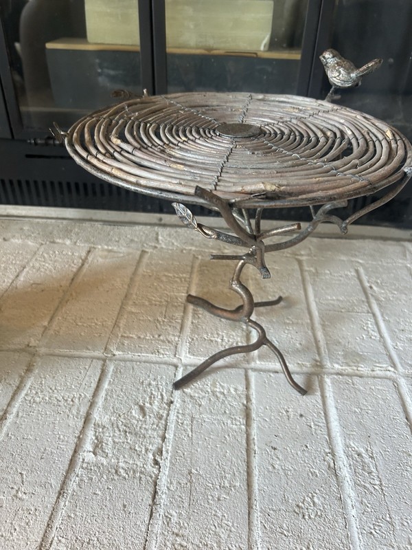 Vtg Desktop Table Glass Top Patinated Metal Base Like Tree Branch W Bird. gallery