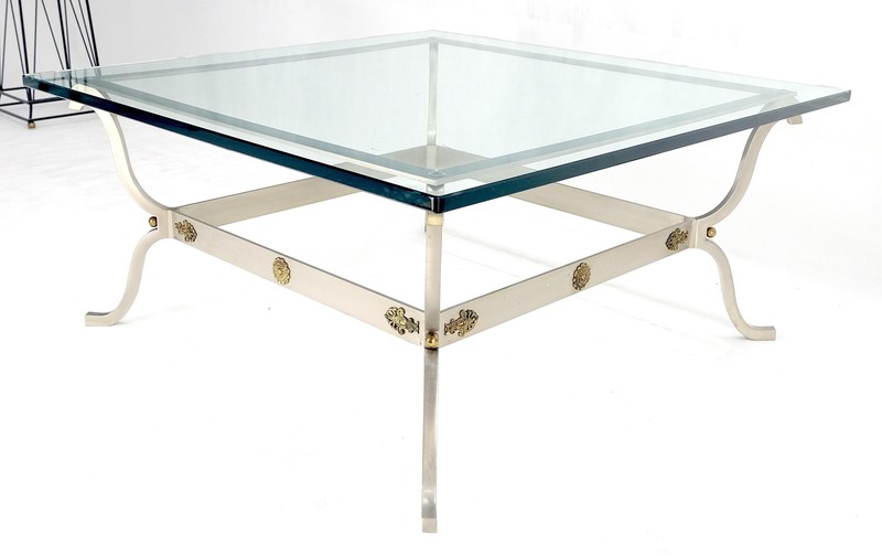 Jansen Atr. Brushed Steel Brass Mounts Rosettes Square 3/4" Glass Coffee Table gallery