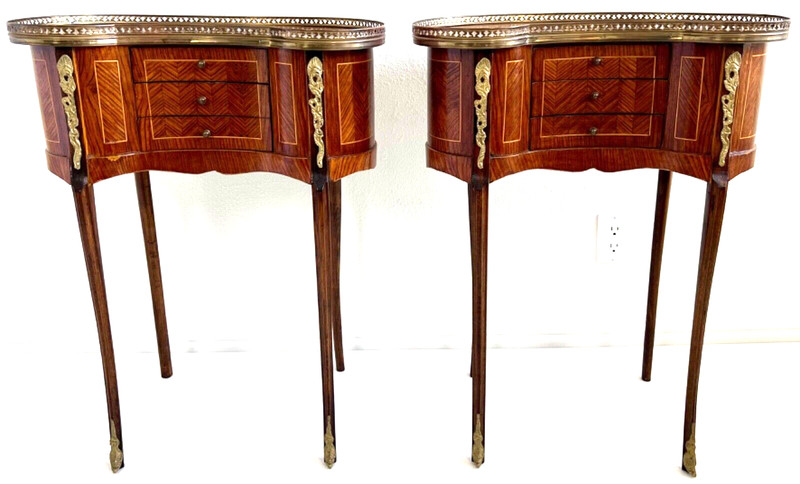 Early 20th-C Louis XV Marquetry Inlaid Kidney Shaped Bed / Side Table, a Pair gallery