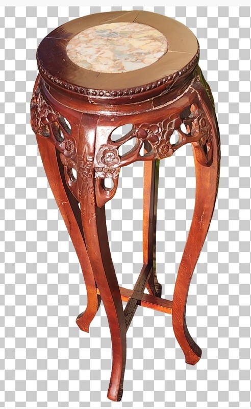 MID CENTURY MODERN, ROSEWOOD CARVED PEDESTAL/ PLANT STAND ,ROSE MARBLE TOP 36″