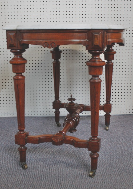Antique Victorian Eastlake Walnut Parlor Table White Turtle Marble Top, Spire gallery