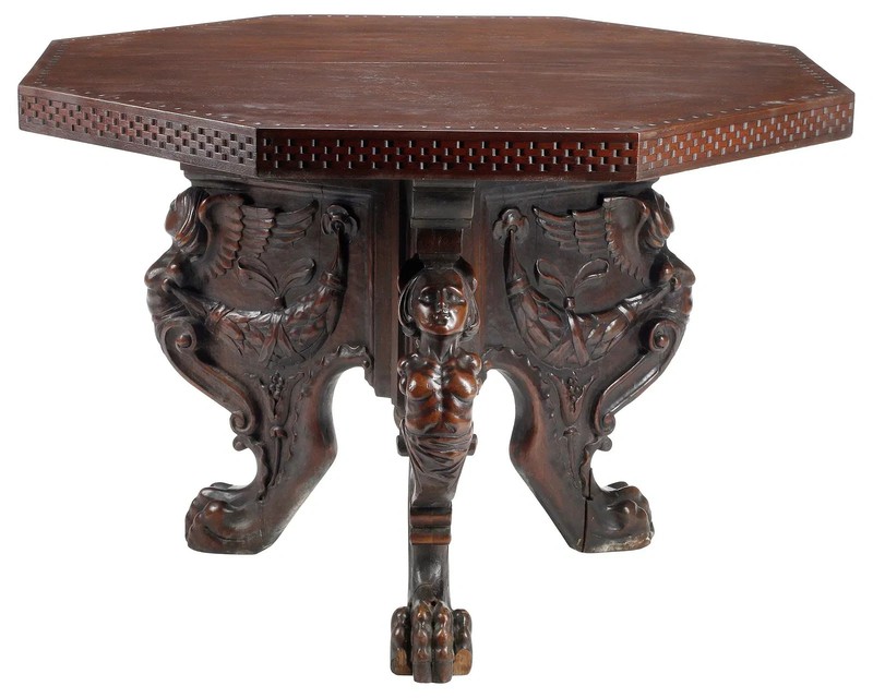 Antique Table, Pedestal, Italian Renaissance Revival, Figural, Hexagonal, 1800s!