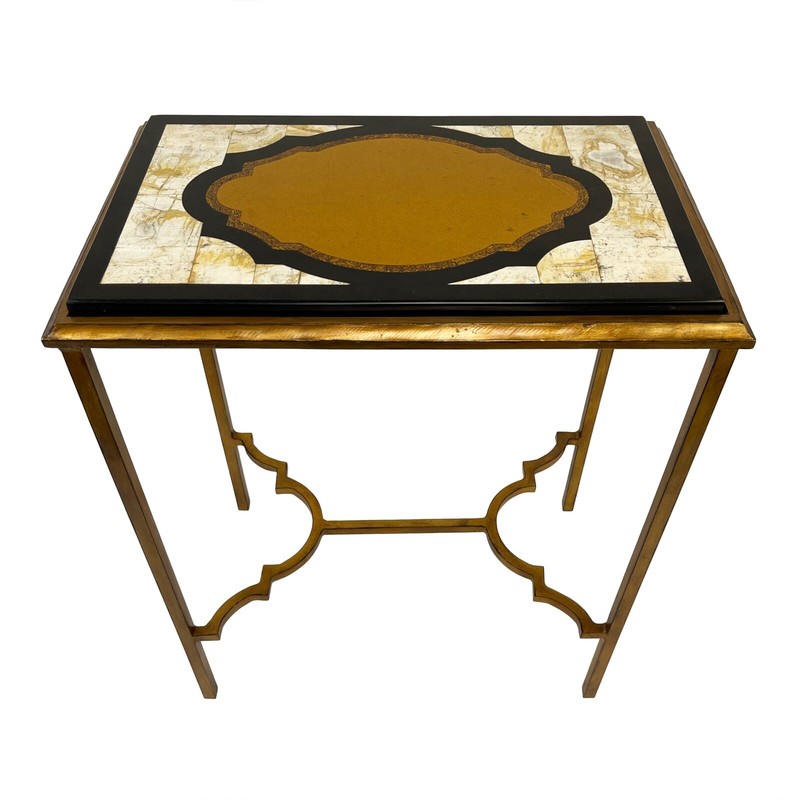 Hollywood Regency Style Gold Accent Table w Solid Marble & Granite Marquetry Top