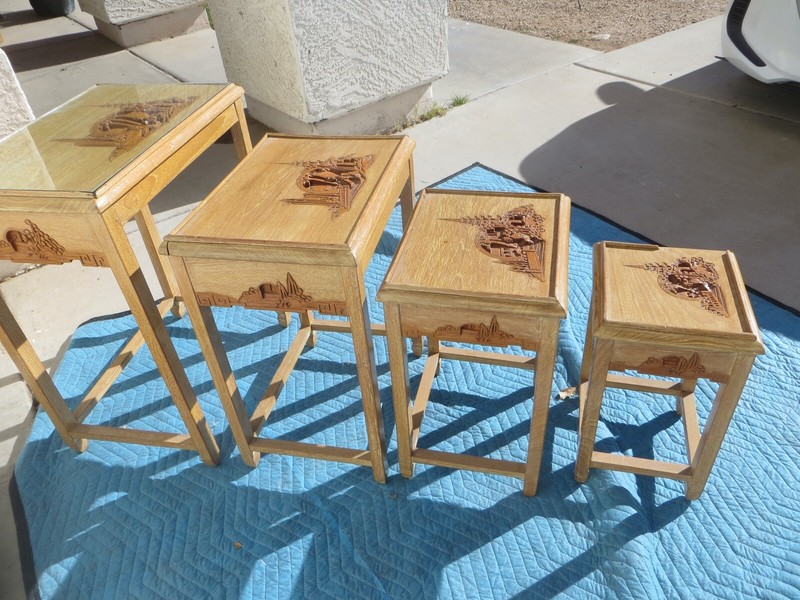 AWESOME 4 Piece Set Oriental Hand Carved Wood Nesting Stacking Tables gallery