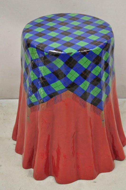 Vintage Paper Mache Red Blue Green Tartan Painted "Tablecloth" Drape Side Table gallery