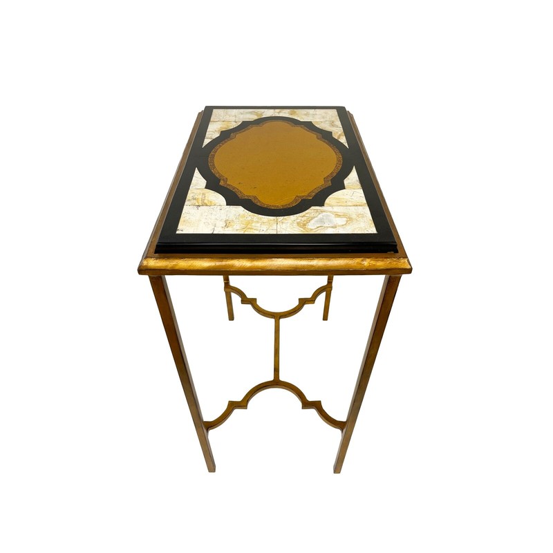 Hollywood Regency Style Gold Accent Table w Solid Marble & Granite Marquetry Top gallery