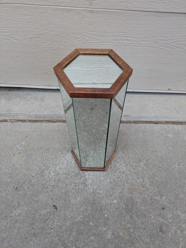 Vintage 25" Mid Century Modern Mirrored Hexagon Pedestal Plant Stand Table Wood gallery