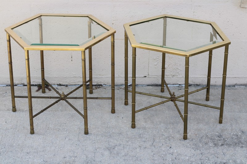 Authentic Pair Vintage Mastercraft Faux Bamboo Hexagonal Brass End Accent Tables gallery