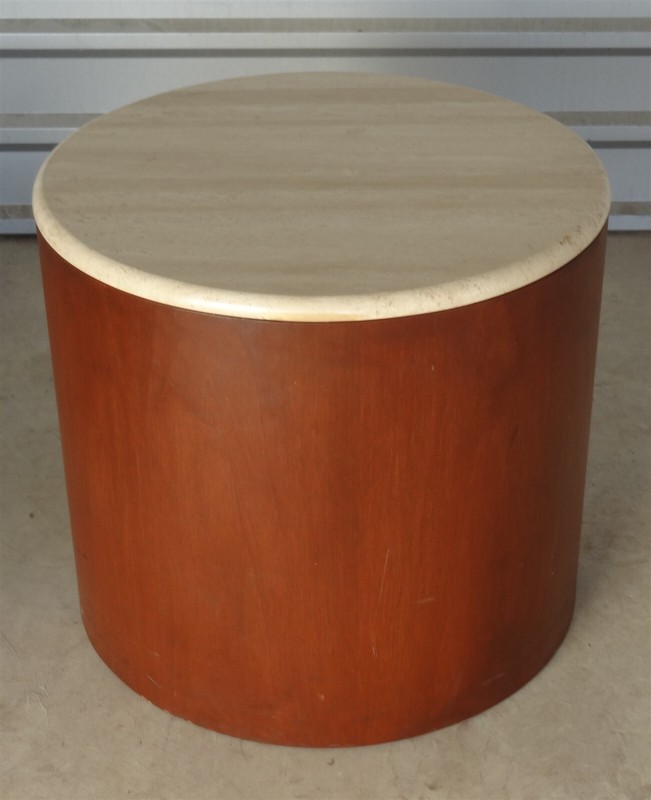 Mid-Century Paul Mayen Wood and Marble Drum Cylinder Table for Habitat, 1970s