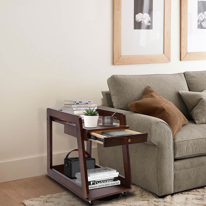 Retro Trapezoidal Wood End Table, 2 Tiers Side Table, Floor Standing Couch Table