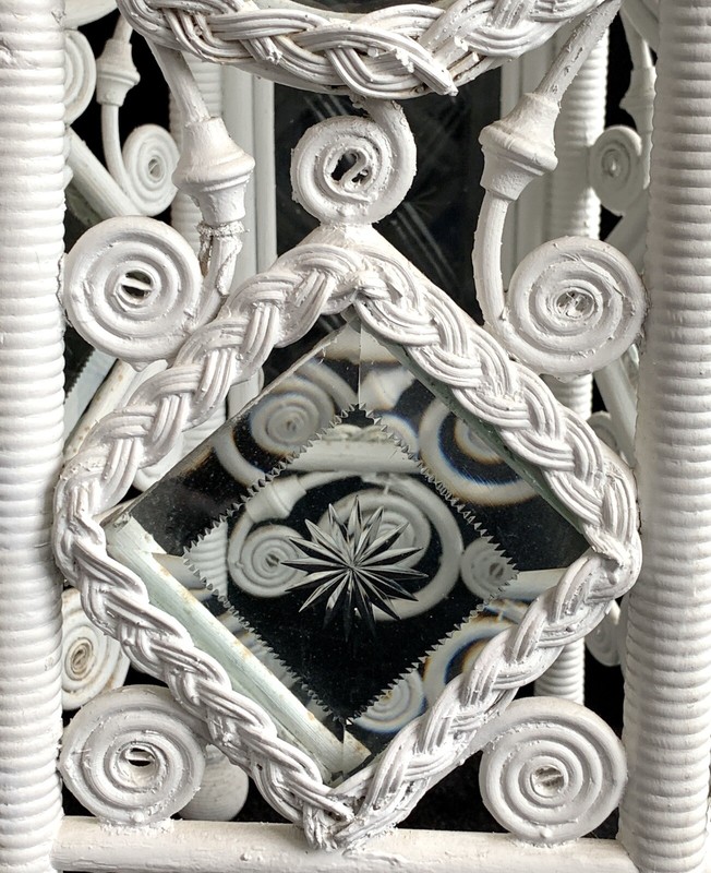 Antique Wicker Table ~ leaded & etched glass panels ~ rare ~ 1890s ~ hexagon gallery