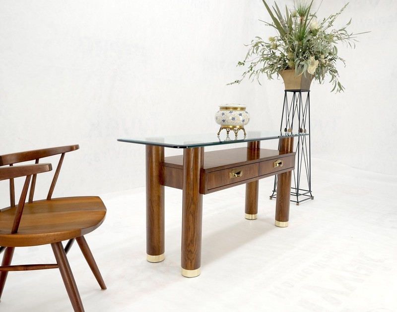 Heavy Solid Oak Cylinder Legs Brass Tips Hardware Two Drawers Console Table MINT gallery