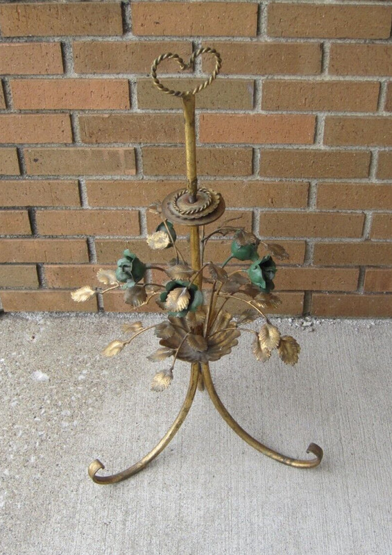 VINTAGE Italian Gilt Metal Floral Tole SIDE TABLE BASE w/Flowers Rope & Tassels